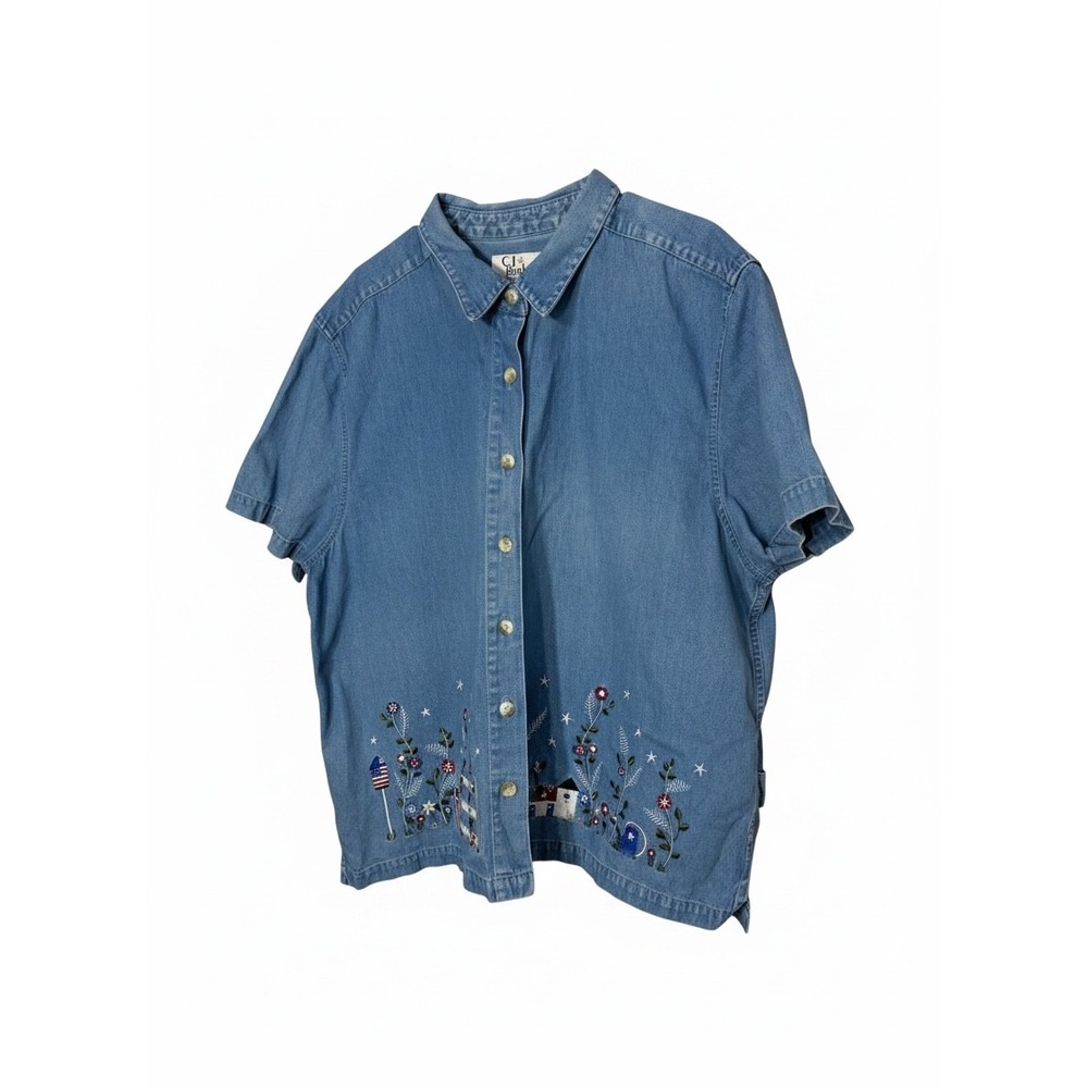 CJ Banks Vintage Blue Denim Embroidered Americana Shirt Plus 20W Short Sleeve